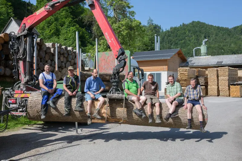 Das Team des Sägewerks Kirchmühle sitzt auf einem großen Baumstamm im Betriebshof