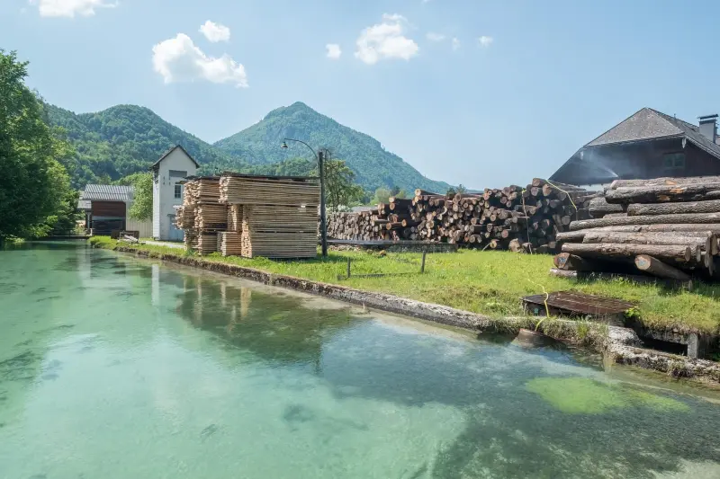 Holzlager am Ufer eines türkisen Teiches mit Bergkulisse im Almtal